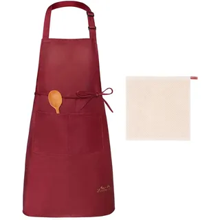 Viedouce Schürze, Wasserdicht Kochschürze mit Taschen, Verstellbarem Küchenschürze Grillschürze latzschürze für Frauen Männer Chef-Belastbar & Einfach zu Reinigen(1x Schürze Rot+ 1 x Küchentuch)