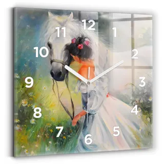 Wallfluent Wanduhr – Stilles Quarzuhrwerk - Uhr Dekoration Wohnzimmer Schlafzimmer Küche - Zifferblatt - weiße Zeiger - 30x30 cm - Schöne Frau mit Pferd - Weiß