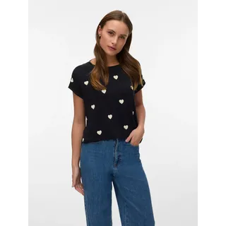 Kurzarmshirt VERO MODA "VMAVA SS TOP MULTI AOP NOOS", Damen, Gr. L, schwarz aop:weiß heart, Jersey, Obermaterial: 95% Lyocell, 5% Elasthan, bedruckt, regular fit normal, Rundhals, Shirts Kurzarmshirt, Materialmix, regular fit