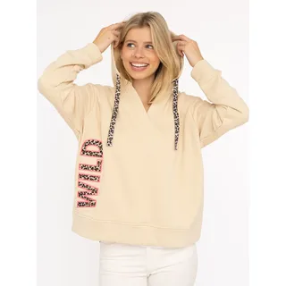Hoodie ZWILLINGSHERZ "Wild", Damen, Gr. L/XL, beige, Jersey, Obermaterial: 50% Baumwolle, 50% Polyester, unifarben mit Farbeinsätzen, hüftbedeckend, V-Ausschnitt, Sweatshirts Hoodie, V-Ausschnitt, Leo Applikation: WILD, Kapuze und Leo-Kordelzug