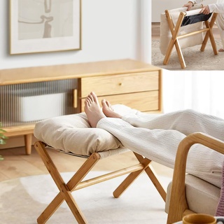 uyoyous Klappbar Fußstütze, Schuhwechselhocker mit Bambusbein, Holzfußhocker Tritthocker mit abnehmbarem Polsterkissen für Wohnzimmer oder Schlafzimmer, Beige