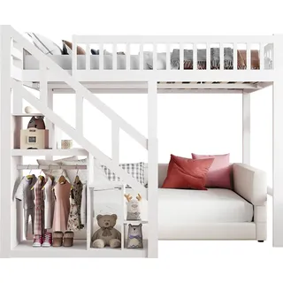 Kinderbett - Hochbett 140x200 cm - Rausfallschutz - Treppe - Stauraum - Massivholz - Elfenbeinweiß