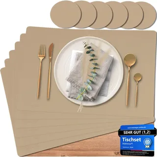 Mahewa® 6er Set Premium Tischset aus Kunstleder - Platzset abwaschbar und wasserdicht - Platzdeckchen Telleruntersetzer in Lederoptik (Hellbraun, Eckig)