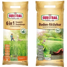 Substral Naturen 6in1 Komplett Rasendünger + Naturen Bio Bodenaktivkur Natürlicher Bodenaktivator