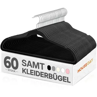 HOUSE DAY Kleiderbügel Samt 60 Stück, Kleiderbügel Platzsparend, Schwarz | Rutschfeste, Schmale Bügel mit 360° drehbarem Haken, Premium Anzugbügel für mehr Ordnung und Platz im Kleiderschrank