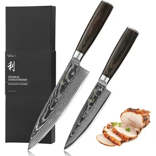 Wakoli EDIB Essentials Santoku Messer Küchenmesser Set (2-teilig) 30 - 24 cm Damastmesser aus 67 Lagen Damaststahl mit Pakkaholzgriff Gemüsemesser inkl. Geschenkbox