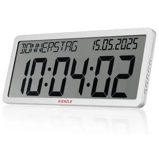 Kienzle Funkwanduhr groß mit DCF-Zeitsignal Datumsanzeige LCD-Display 33,9x12,4 cm Wandmontage oder Standfuß weiß batteriebetrieben - Weiß