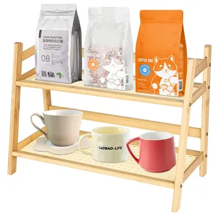 RUCUDIM Gewürzregal, Küchen Organizer 2 Tiers, Bambus Nachahmung Rattanweberei Deko Küche Küchenregal, Gewürzregal Stehend, Bambusgestell für Küche, Esszimmer, Büro