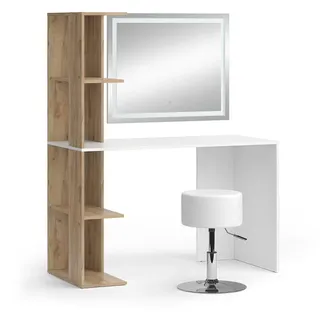 Vicco Schminktisch Tower Weiß/Sonoma 122.2 cm mit LED-Spiegel und Hocker, Model 49449 - Weiß, Braun