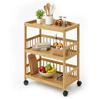 Relaxdays Küchenwagen, Bambus, 3 Ablagen, für Gewürze & Vorräte, HxBxT: 80 x 53 x 30 cm cm, schmaler Rollwagen, natur