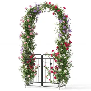 FANTASK Gartenbogen aus Metall, 102 x 49,5 x 223 cm, stabil Rosenbogen mit Tür, Rankbogen inkl. Erdspieße, Rankhilfe Rankgitter für Hochzeit, Partys