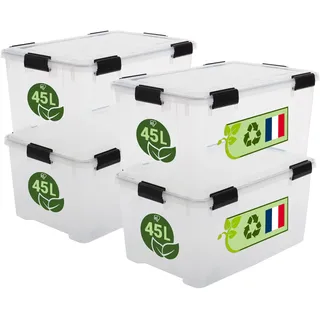 Iris Ohyama Luftdichte Kunststoff-Aufbewahrungsboxen mit Deckel, 45L, 4er-Set, Transparent, Hermetischer wasserdichter Verschluss, Robuste Schnappverschlüsse, Stapelbar, Staubschutz, BPA-frei, WSB-45