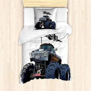 ABAKUHAUS Autos Bettbezug Set, Populärer Großer Suspendierungs Lkw Toter Schädel Piraten Flagge Straßen Kunst, 135 x 200 cm + 80 x 80 cm, Kadett Blau Weiß