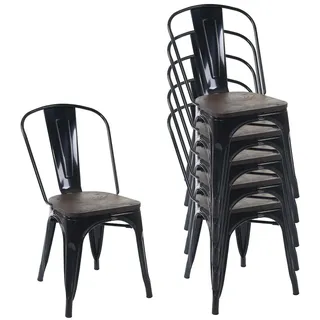 Mendler 6er-Set Stuhl HWC-A73 inkl. Holz-Sitzfläche, Bistrostuhl Stapelstuhl, Metall Industriedesign stapelbar ~ schwarz