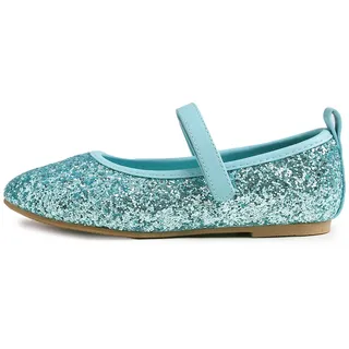 Feversole Girls Cute Dress, Mädchen süßes Kleid Mary Jane Schuhe weiche Party Urlaub Ballerinas Türkis Glitzer Größe 35 EU