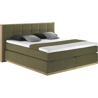 PLACES OF STYLE Boxspringbett PLACES OF STYLE "Vinton", grün (olive), B:220cm L:213cm, Komplettbetten, Boxspringbett, aus massiver Eiche, verschiedene Härtegrade (auch H4), Topseller