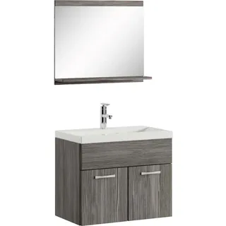 Badezimmer Badmöbel-Set Montreal 02 60cm Waschbecken Grau Eiche - Unterschrank Waschtisch Spiegel Möbel - Grau