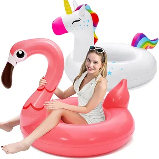 SLOOSH Einhorn-Flamingo-Schwimmring für den Pool – 2Pack aufblasbare Schwimmreifen mit Kopfstütze, Schwimmtier Luftmatratze für Strand, See, Sommer, Pool, Party-Dekoration für Erwachsene und Kinder