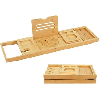 Relaxdays Badwannenablage Natur Bambus ausziehbar mit Buchstütze , Hellbraun , Holz , Rechteckig , 105x3.5x22 cm , Badezimmer, Baden & Duschen, Duschregale & Duschablagen