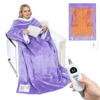 Catalonia Classy Heizdecke mit Ärmeln, Elektrische Wärmedeck mit Abschaltautomatik- 5 Heizstufen & 4 Timer, Flauschige Sherpa Decke mit Ärmeln als Geschenk für Frauen Herren, 178 x 127 cm, Lila