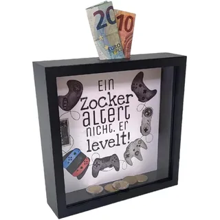 BUSDUGA 4364 Sparkasse Bilderrahmen Zockerkasse 20x20x5 cm Spardose Geldgeschenk für Gamer schwarz