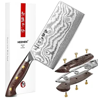 HEZHEN 18 cm Damast Hackmesser,Fleischbeil Chinesischer Kochmesser | Fleischermesser Asiatischer Art, Scharfes Metzgermesser Hackbeil für Küche oder das Restaurant,Damaststahl,Griff aus Redwood