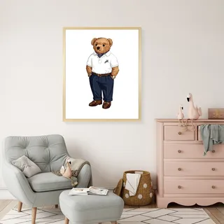 Bild mit Rahmen QUEENCE "Vintage Polo Club Teddy Bär", weiß (farbe rahmen: beige, farbe bild(er): blau), B:50cm H:70cm T:1,5cm, Acrylglas, Holzrahmen, Bilder, Bild mit Rahmen, HD Premium Poster-Druck inkl. Echtholzrahmen in beige