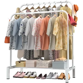 LOEFME Kleiderständer, 110 * 40 * 150cm Großer Raum Kleiderstange, Double-Rail Kleiderständer Stabil, Minimalistisches Design Clothes Rack, Freistehender Kleiderstange für Schlafzimmer, Weiß