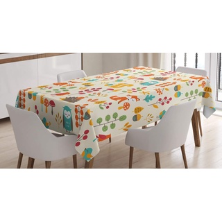 ABAKUHAUS Kinder Tischdecke, Eule Fox Eichhörnchen Vögel, Für den Inn und Outdoor Bereich geeignet Waschbar Druck Klar Kein Verblassen, 140 x 170 cm, Beige Orange