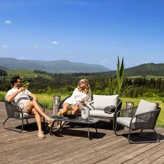 di volio Gartenmöbel-Set PASO Grau/Grau, Terrassenmöbel aus Polyrattan und Stahl, Gartenmöbel für 4 Personen - Couchtisch & 2 Sessel & 2-Sitzer Sofa - Grau