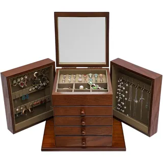 Schmuckkasten Holz Schmuckkästchen mit 5 Ebenen und Spiegel Schmuckaufbewahrung Braun Schmuckbox für Damen Mädchen