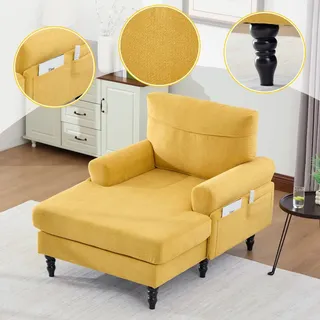 Minimalistischer Chenille Einzelsofa mit Holzbeinen Seitentaschen Senfgelb für Wohn- und Schlafzimmer - Gelb