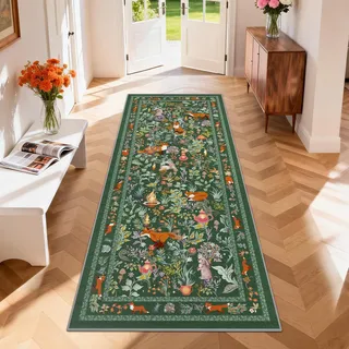 Geanup Teppich Läufer Flur 80x200 cm, Grün Küchenläufer Waschbar rutschfest, Weicher Schlafzimmer Teppich Läufer, Märchenstil Fuchs Flurläufer für Korridor Waschküche Wohnzimmer Kinderzimmer
