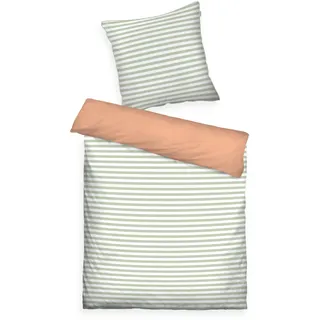 TOM TAILOR Perkal-Bettwäsche, 80x80 + 155x220 cm, 100% Baumwolle/Perkal, mit Wendemotiv, farbiger Paspel am Kissen und Reißverschluss, STRIPES WITH A KICK Hellgrün, Pfirsich (Green Leaf & Juicy Peach)
