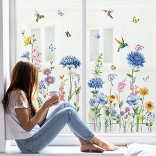 wondever Fenstersticker Garten Blumen Fenster Aufkleber Kolibri Blau Blumen Schmetterling Fensterbilder Fensteraufkleber Anti-Kollision Doppelseitig Glasaufkleber Frühling Sommer Glas Deko