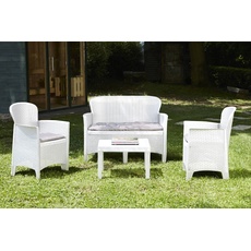 Dmora - Outdoor-Lounge-Set Ostuni, Gartengarnitur mit 2 Sesseln, 1 Sofa und 1 Couchtisch, Sitzecke in Rattan-Optik mit Kissen, 100% Made in Italy, Weiß
