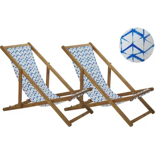 BELIANI Liegestuhl 2er Set Hellbraun Akazienholz mit Weiß-Blauem Bezug Klappbar Zick Zack Muster Gartenausstattung Gartenzubehör Modern - Blau, Weiß, Braun