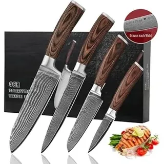 Wakoli EDIB 4er Damastmesser Set mit Gravur – Personalisiertes Küchenmesser Set, Santoku, Fleischmesser, kleines Santoku & Officemesser, 67 Lagen Damaststahl, Pakkaholzgriff, Geschenkbox