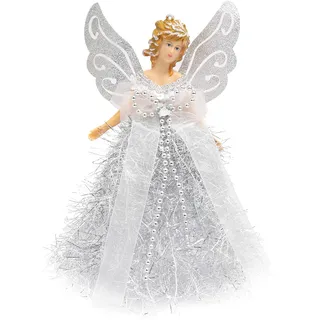 Belle Vous Weihnachtsengel Baumspitze - 20,5 x 8,2 cm Engel Figur Silber aus Plastik als Weihnachtsbaum Spitze Christbaumspitze Figuren - Tannenbaumspitze Baumschmuck Glitzer Engel Weihnachtsdeko