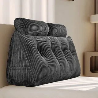 Unyqoos® Rückenlehnenkissen 120 cm – ergonomisches Keilkissen für Bett & Sofa, abnehmbarer Bezug, Seitentasche & zusätzliche Nackenrolle - Grau