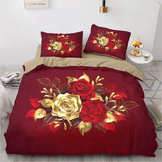 Luowei Bettwäsche Rote Rosen Bettbezug 200x200cm Romantische Rosen-Blume Bedruckte Microfaser Einzelbett Deckenbezug mit Reißverschluss und 2 Kissenbezüge 80 x 80 cm