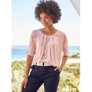 Kurzarmshirt HEINE "Shirt", Damen, Gr. 44, beige (puder), 95% Viskose, 5% Elasthan, unifarben, Rundhals, Shirts Kurzarmshirt