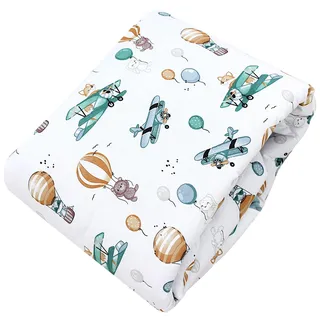 TupTam Krabbeldecke für Baby 120x120 cm - Gepolsterte Spieldecke Baby Baumwolle, XXL, OEKO-TEX, Weich & Hautfreundlich, Farbe: Rund 120 cm/Füchse/Flugzeuge/Ballons/Grün
