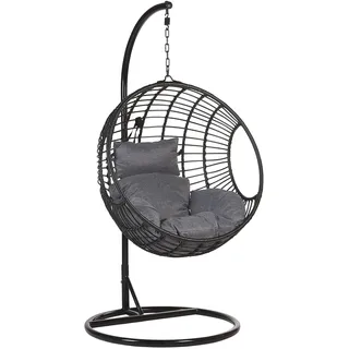 BELIANI Hängesessel Schwarz Rattan mit schwarzem Stahl-Gestell inkl. Kissen Outdoor Indoor Boho Stil - Schwarz, Grau