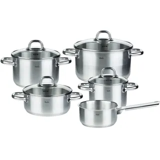 Fissler Korfu/Edelstahl-Topfset, 5-teilig, Kochtopf-Set, Töpfe mit Glas-Deckel (3 Kochtöpfe, 1 Bratentopf, 1 Stielkasserolle-deckellos) - Induktion