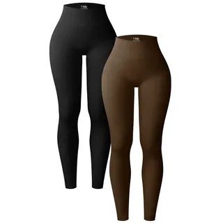 OQQ Damen 2 Stück Yoga Leggings Gerippt Nahtlos Workout Hohe Taille Athletic Pants, Schwarz - Black Coffee, M