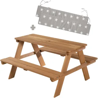 Kindersitzgruppe ROBA "Picknick for 4 Outdoor +, Teakholz-Optik", teakholz, optik, Sitzmöbel-Sets, Baby, B/H/T: 89cm x 50cm x 84,5cm, Kindersitzgarniturmit 2 Sitzauflagen, Massivholz, Kindersitzgruppe, mit abgerundeten Ecken; inklusive Sitzauflagen »Little Stars«, B:89cm H:50cm T:84,5cm