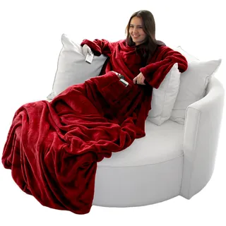 Brandsseller Kuscheldecke mit Ärmeln, TV-Decke, mit Fußsack und 2 großen Taschen, Rot, 170 x 200 cm