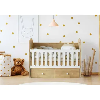 Babybett Holz Weiße Gitterstäbe Schubladen Zusätzlicher Stauraum Modernes Design - Braun