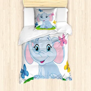 ABAKUHAUS Kindergarten Mantele, Elefant auf der Wiese, Milbensicher Allergiker geeignet mit Kissenbezügen, 135 cm x 200 cm - 80 x 80 cm, Baby Blue-Rosa-Grün